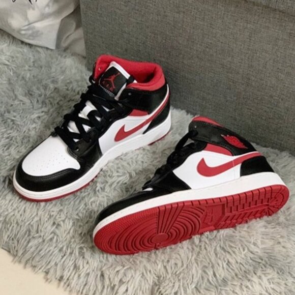 Jordan Air Jordan 1 Mid-help retro basketball shoes GS White Black Red - Picture 6 of 7